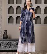 Women's Striped Printed Cotton Straight Kurta