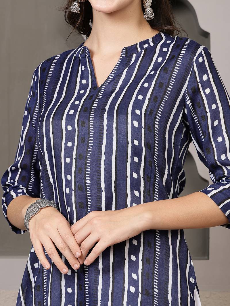 Women's Striped Printed Cotton Straight Kurta