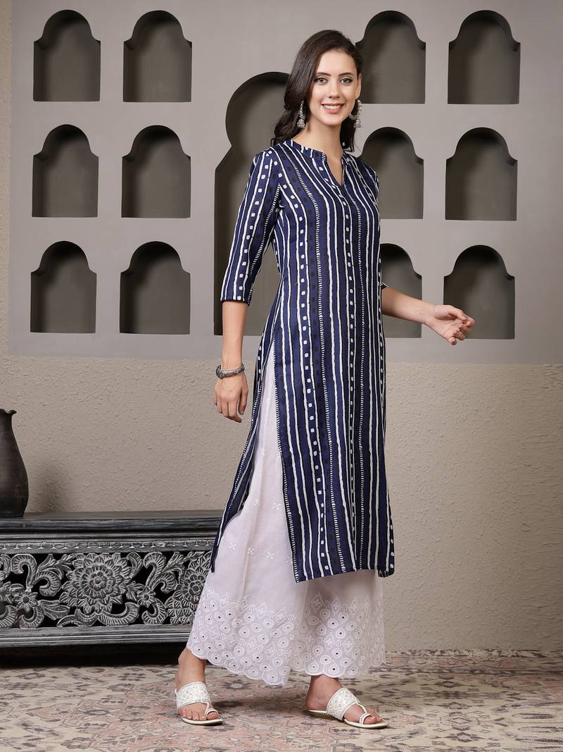 Women's Striped Printed Cotton Straight Kurta