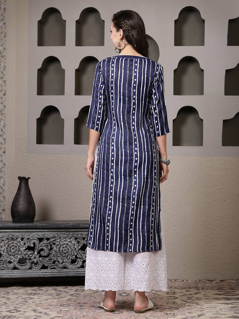 Women's Striped Printed Cotton Straight Kurta