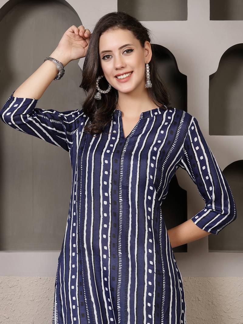 Women's Striped Printed Cotton Straight Kurta