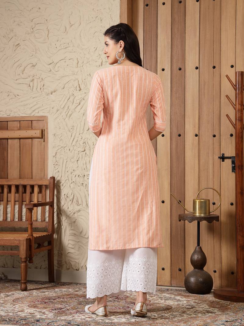 Women's Woven Design Cotton Blend Straight Kurta