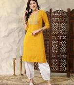 Women's Solid & Embroidered Cotton Blend Straight Kurta