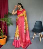 Psvan Yellow Kanchipuram Digital Print Saree  Contrast Border And Pallu Saree  And Blouse For Women 