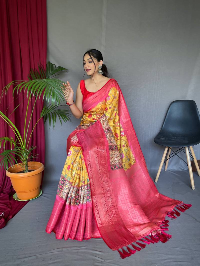Psvan Yellow Kanchipuram Digital Print Saree  Contrast Border And Pallu Saree  And Blouse For Women 