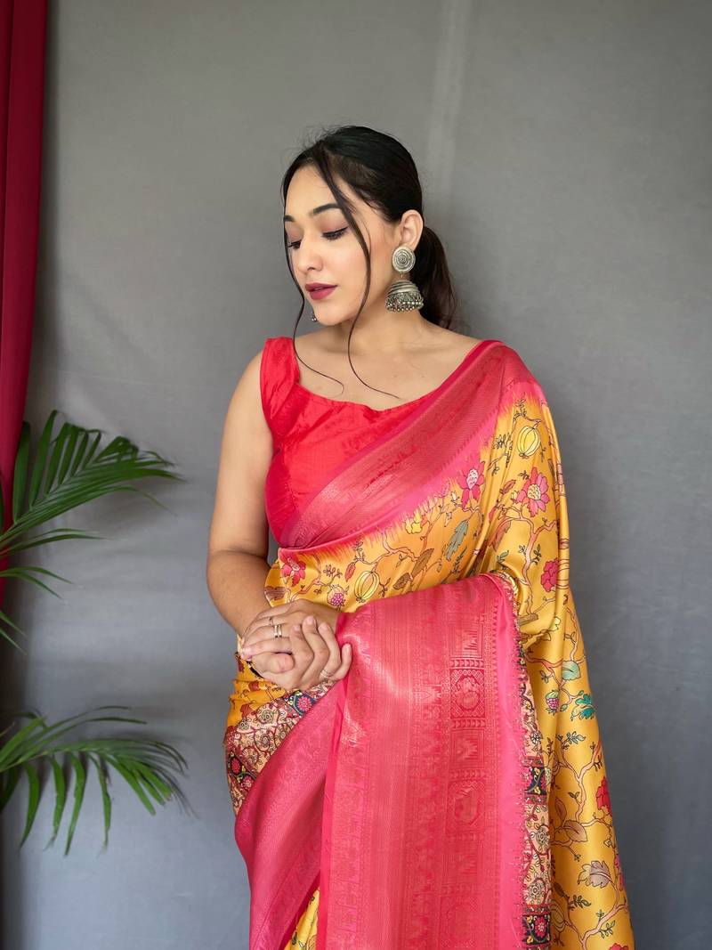 Psvan Yellow Kanchipuram Digital Print Saree  Contrast Border And Pallu Saree  And Blouse For Women 