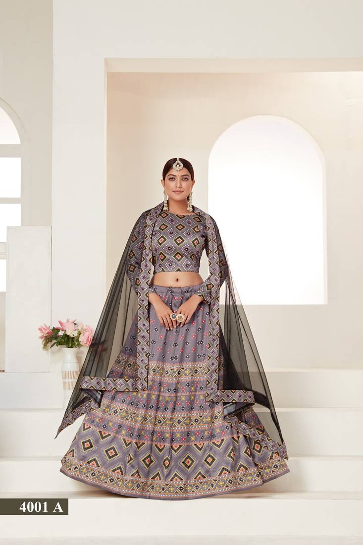 Grey Color printed silk semi stitched lehenga choli