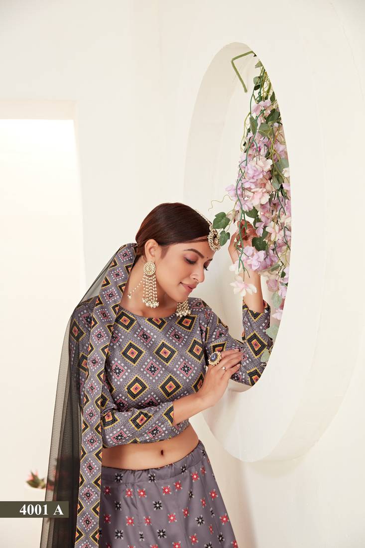 Grey Color printed silk semi stitched lehenga choli