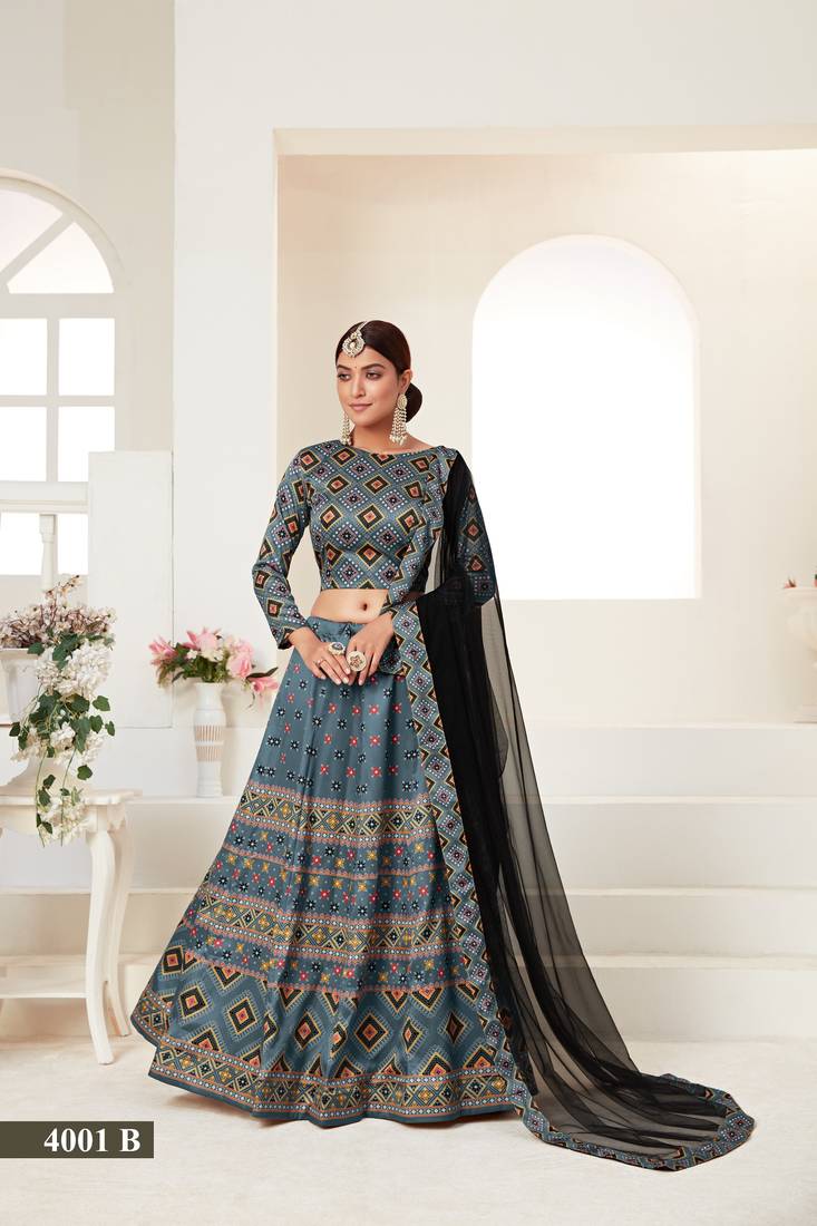 Teal color printed silk semi stitched lehenga choli