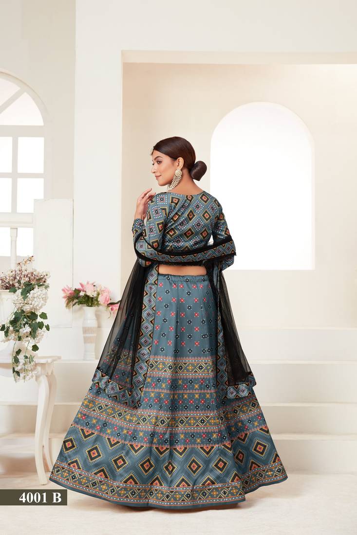 Teal color printed silk semi stitched lehenga choli