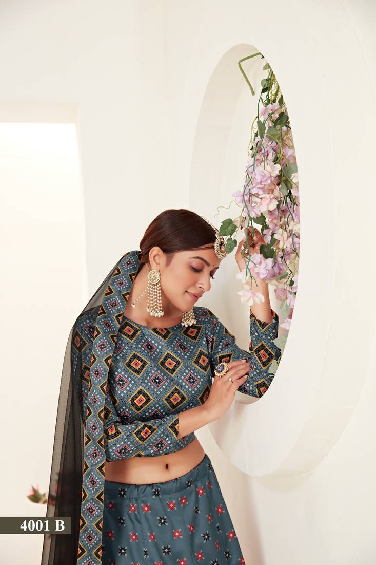 Teal color printed silk semi stitched lehenga choli