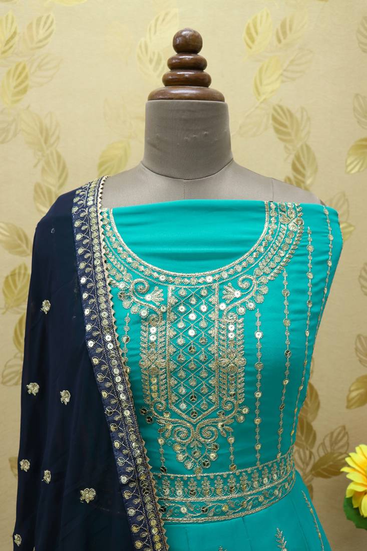Aqua Green Heavy Faux Georgette Embroidered Semi Stitched Salwar Suit