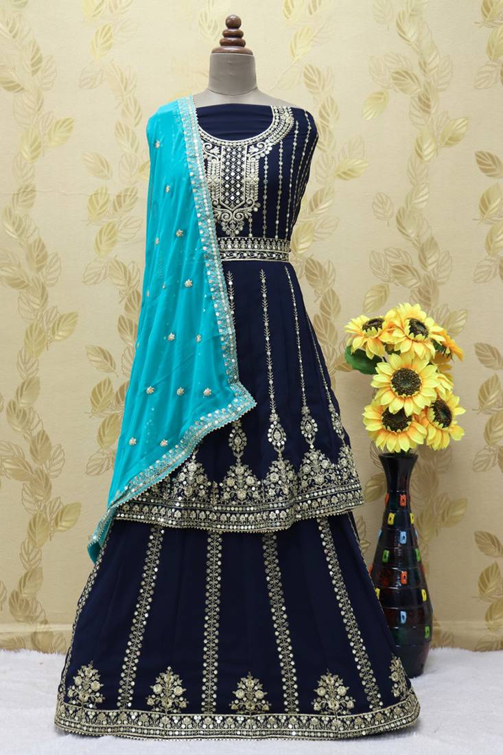Navy blue heavy Faux Georgette Embroidered UnStitched Kurta With Stitched Bottom & Dupatta