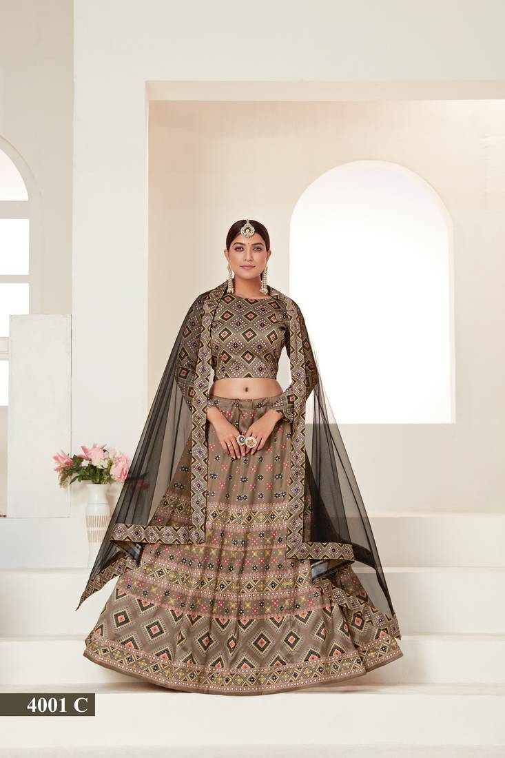 Light Brown printed silk semi stitched lehenga choli