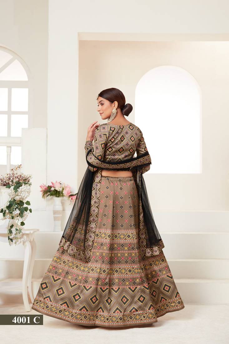 Light Brown printed silk semi stitched lehenga choli