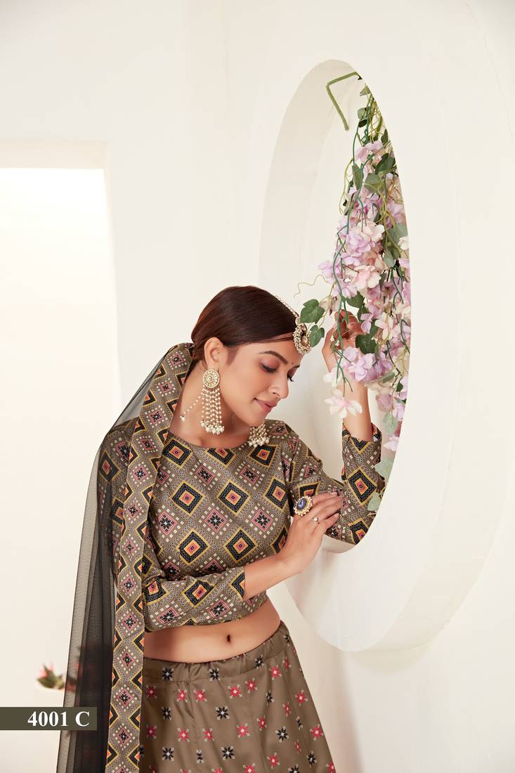 Light Brown printed silk semi stitched lehenga choli