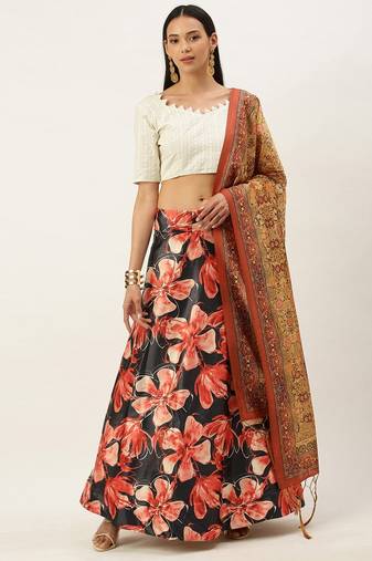 Black Satin Silk Lehenga Choli Set With Dupatta