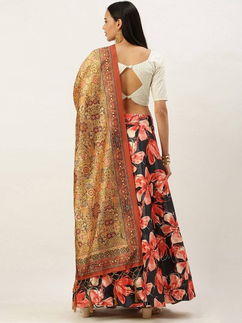 Black Satin Silk Lehenga Choli Set With Dupatta