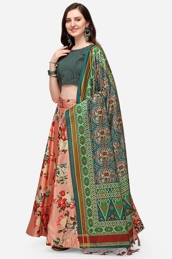 Peach Satin Silk Lehenga Choli Set With Dupatta