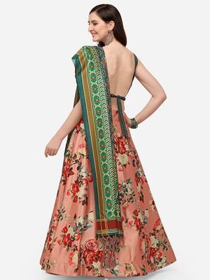Peach Satin Silk Lehenga Choli Set With Dupatta 4