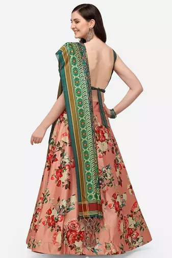 Peach Satin Silk Lehenga Choli Set With Dupatta