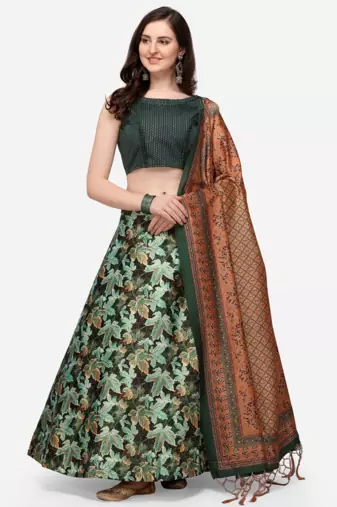 Green Satin Silk Lehenga Choli Set With Dupatta