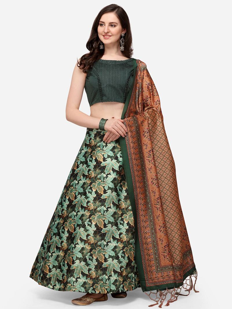 Green Satin Silk Lehenga Choli Set With Dupatta