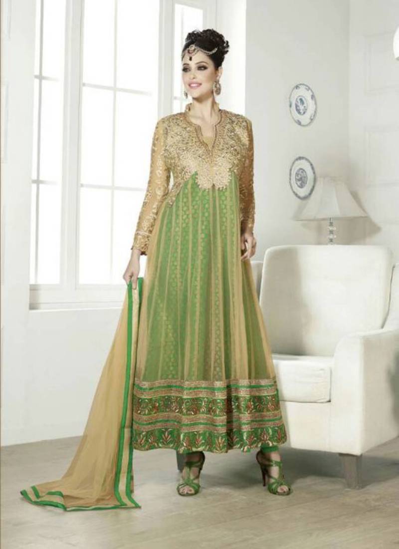 Blissful Soft Net With Golden Peti Work Green & Beige Coloured Designer Semi-stitched Anarkali Suit