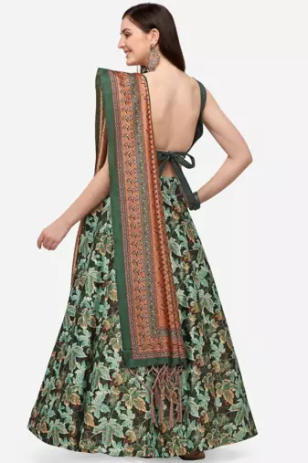 Green Satin Silk Lehenga Choli Set With Dupatta