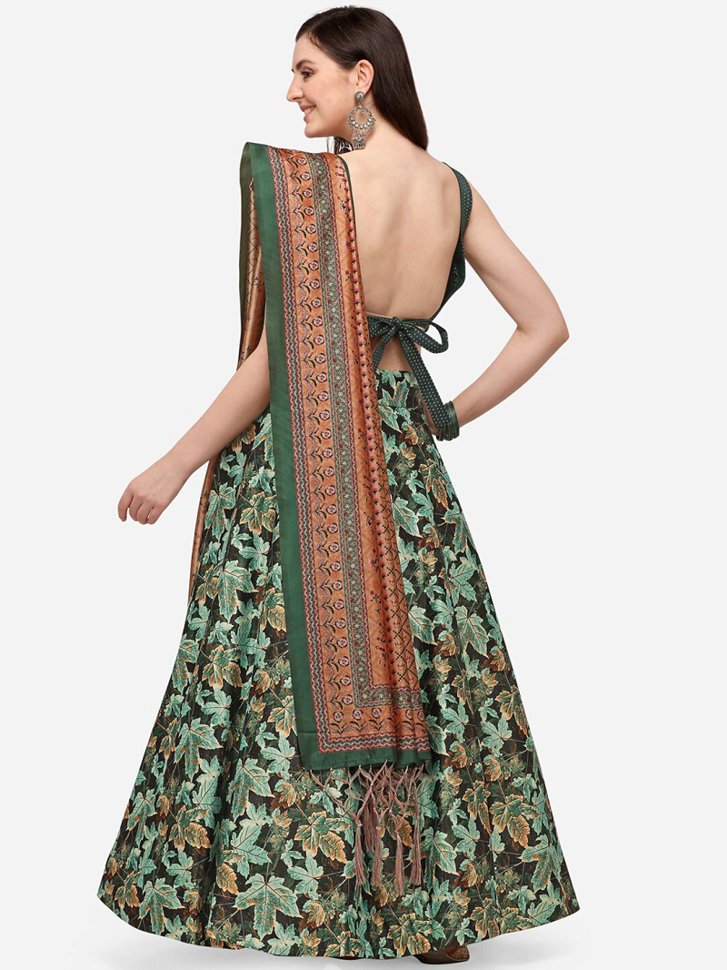 Green Satin Silk Lehenga Choli Set With Dupatta