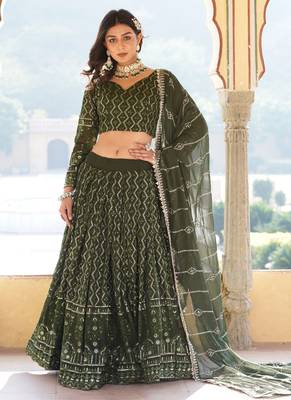 Green Georgette Heavy Sequins Thread Embroidered Lehenga 1