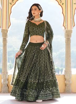 Green Georgette Heavy Sequins Thread Embroidered Lehenga 2