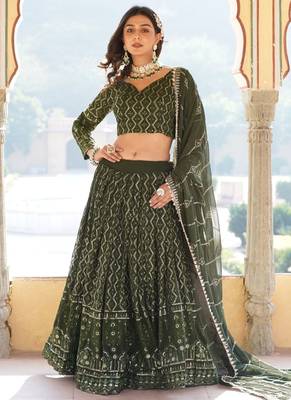 Green Georgette Heavy Sequins Thread Embroidered Lehenga 3