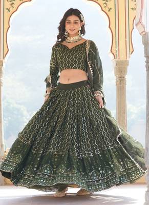 Green Georgette Heavy Sequins Thread Embroidered Lehenga 4
