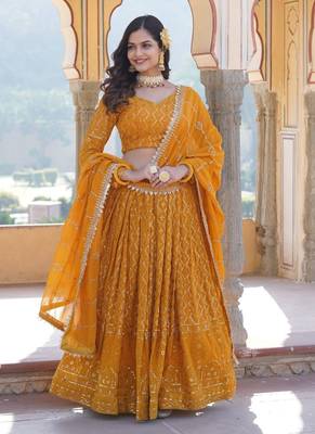 Yellow Georgette Heavy Sequins Thread Embroidered Lehenga 1