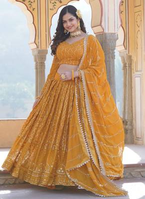 Yellow Georgette Heavy Sequins Thread Embroidered Lehenga 2