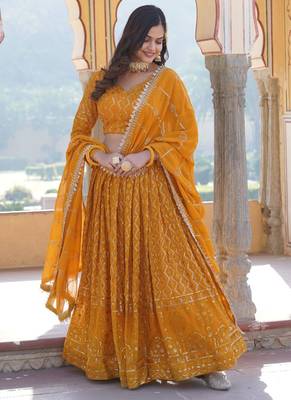 Yellow Georgette Heavy Sequins Thread Embroidered Lehenga 3