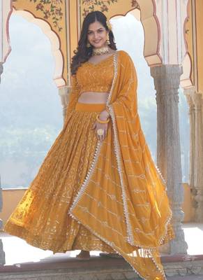 Yellow Georgette Heavy Sequins Thread Embroidered Lehenga 4