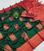 Psvan Dark Green Soft silk saree with Copper zari weaving  Saree  contrast border And Pallu Saree  And Blouse For Women 