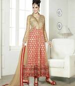 Blissful Soft Net With Golden Peti Work Red & Beige Coloured Designer Semi-stitched Anarkali Suit