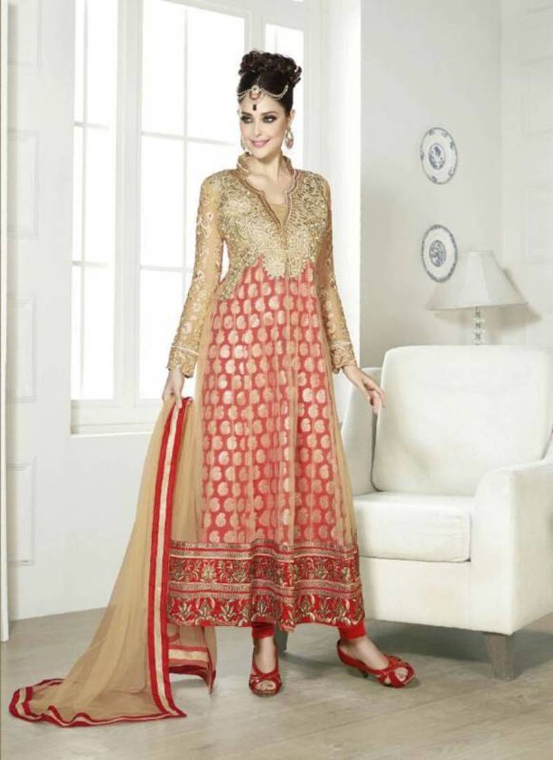 Blissful Soft Net With Golden Peti Work Red & Beige Coloured Designer Semi-stitched Anarkali Suit