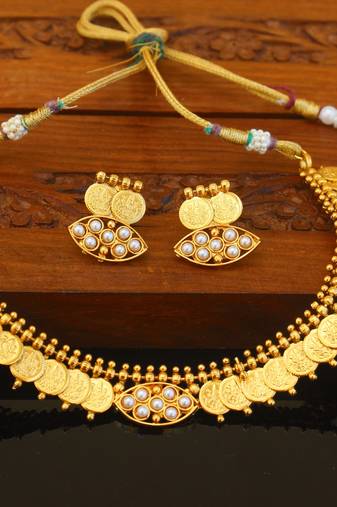 Designer gold plated temple coin necklace set