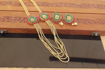 Designer gold plated kempu layers long necklace set 1