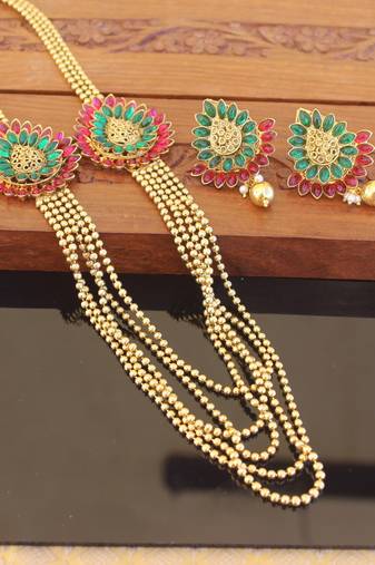 Designer gold plated kempu layers long necklace set