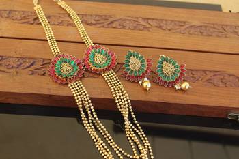 Designer gold plated kempu layers long necklace set 2