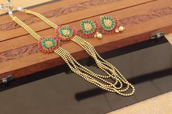 Designer gold plated kempu layers long necklace set 3