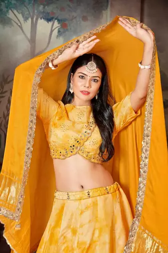 Yellow Tie & Dye Lehenga Choli Set With Dupatta