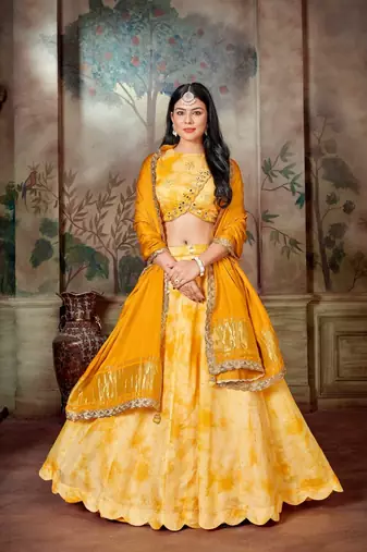 Yellow Tie & Dye Lehenga Choli Set With Dupatta