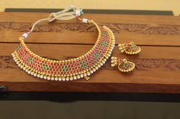 Designer gold plated kempu necklace set 2