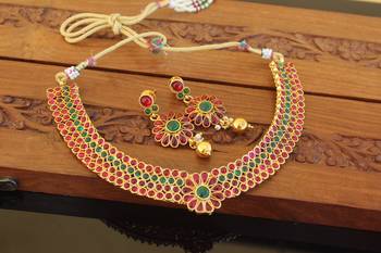 Designer gold plated kempu necklace set 2